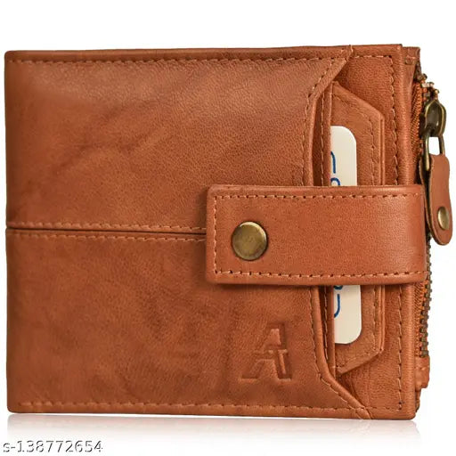 Antique tan genuine leather RFID wallet, 12 card slots, compact design for men's everyday use