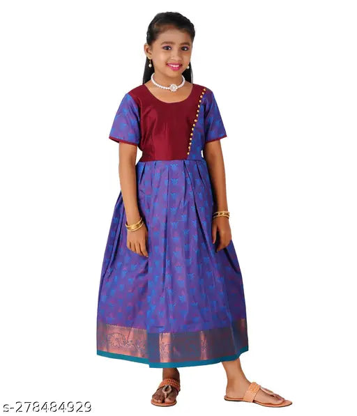 Silk art pattu pavadai for kids, traditional Indian lehenga with jacquard stitch & zari border, showcases intricate stonework
