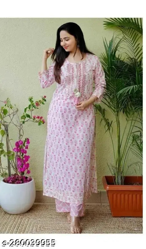 White embroidered printed Pink Kurta with white Pant, rayon fabric, three-quarter sleeves, round neck, casual style, ideal for daily wear or special occasions, Indian origin