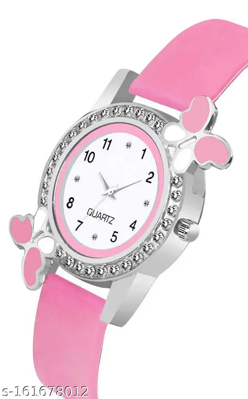 Pink and black analog watch, gift bracelet, for women or girls; watch face with white hour markers and numbers, 12-hour format