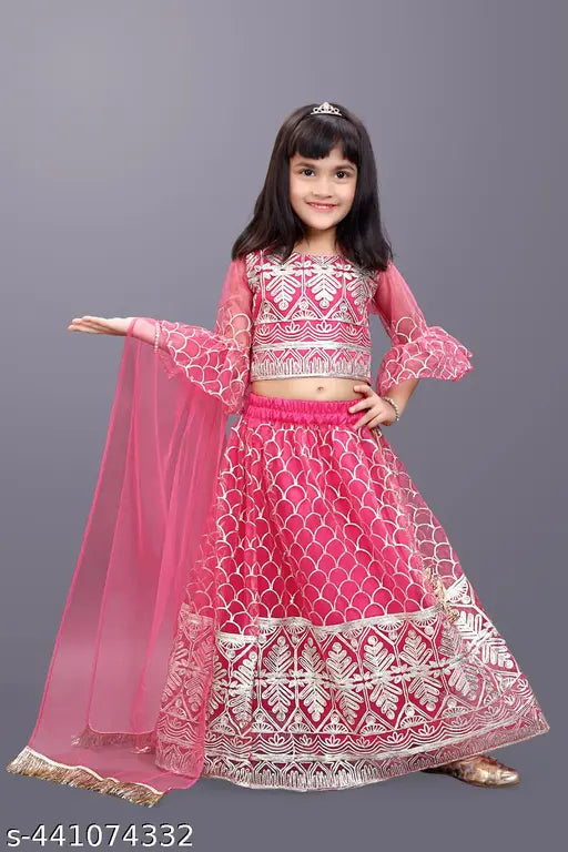 Deep pink embroidered lehenga choli set for girls, super net fabric, A-line dhoti pants, party wear, Indian traditional outfit, size 12-8 years