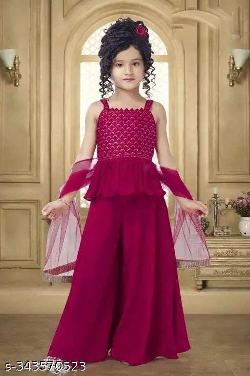 Embellished Georgette Anarkali Kurta Pallazo with Dupatta, traditional Indian ethnic wear for girls, festive party outfit in palazzos style, 4-5 years size