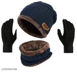 Woolen winter accessory combo: Scarf, beanie hat, gloves for men & women - print design, India origin
