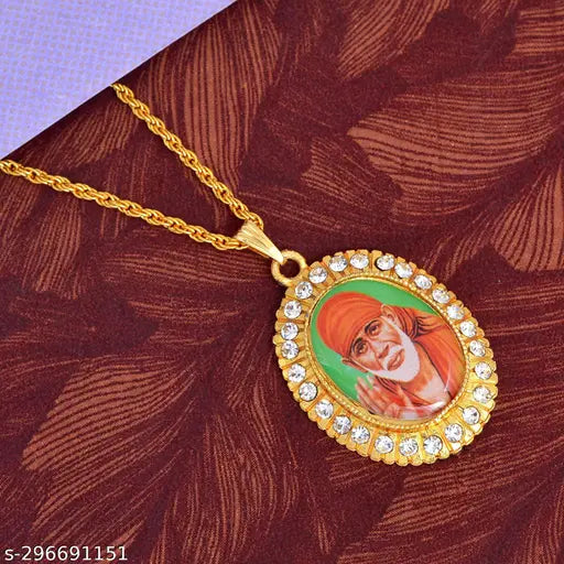 Gold-plated brass Shirdi Sai Baba photo pendant, 2" x 1.25", adorned with CZ stones on a 22" chain