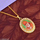 Gold-plated brass Shirdi Sai Baba photo pendant, 2" x 1.25", adorned with CZ stones on a 22" chain