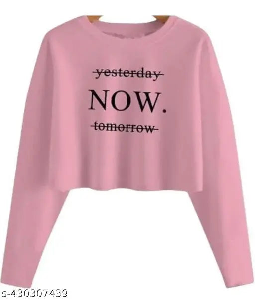 Pink cotton AARU Hosiery crop top, solid net design with long sleeves, available in sizes S, M, L, XL