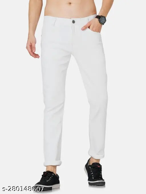 clean white denim jean for men, mid-rise, five pockets, button waist closure, solid pattern, clean wash, made in India. Size: 28x42, 30x42, 32x43, 34x43 (inches)