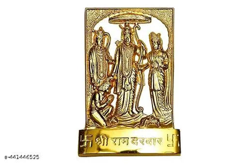 Handcrafted white metal Ram Darbar Idol with Lord Rama, Sita, Laxman, and Hanuman. Antique oxidized finish for home, office, or temple decor, perfect for Pooja, Diwali, festivals, and gifting. 7 cm (L) x 11 cm (H) x 1.5 cm (B)