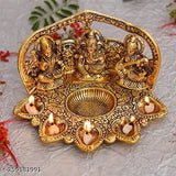 Gold-plated Ganesh Laxmi Saraswati idol with 5-face diya, traditional home & office table decor (14 cm)