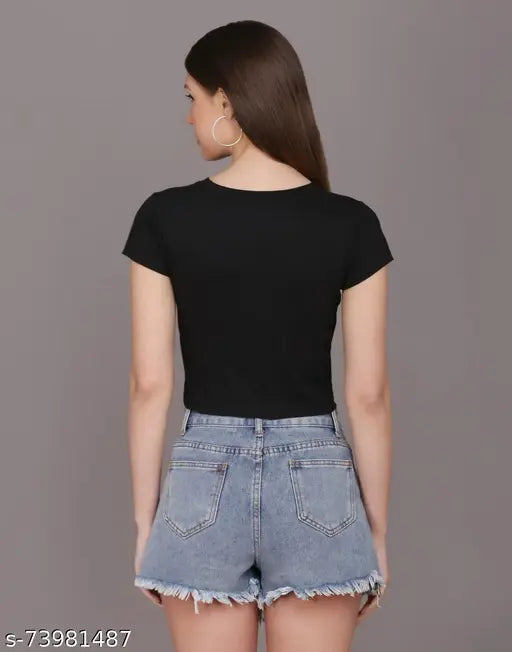 Classic fashionable women's cotton blend crop t-shirts, short sleeves, printed net design. India origin