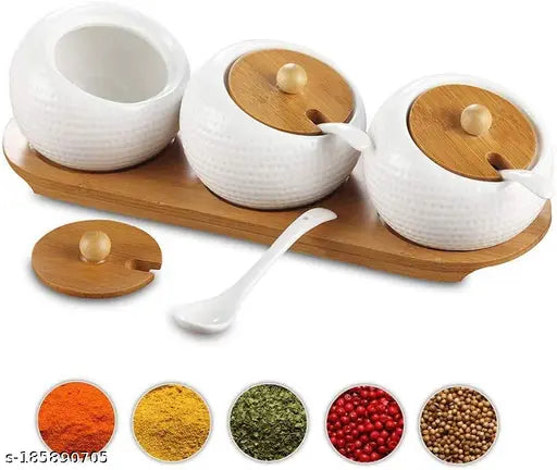 Agabani porcelain spice container with bamboo caps, set of 3, on wooden tray, kitchen counter