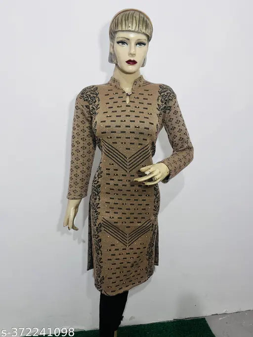 Woolen brown long kurta with flower pattern