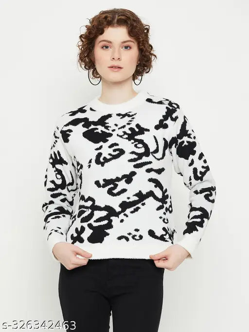 Woolen quirky round neck sweater with self-design pattern, full sleeves, pull-on closure. White, women's size S (36in bust, 19in length)