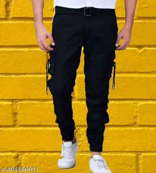 Black cotton cargo jeans by Flaying Men RI3HS for men's size 28, 30, 32, or 34, solid pattern on display