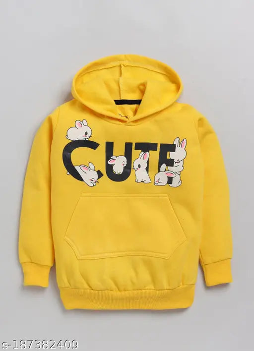 Yellow cotton Lazy Shark girls' hoodie with bunny and typography print, long sleeves, pocket