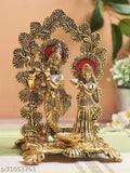 Golden aluminum oxidized CraftVatika Metal Radha Krishna Idol with diya, intricately designed and featuring Lord Krishna playing the flute alongside Radha