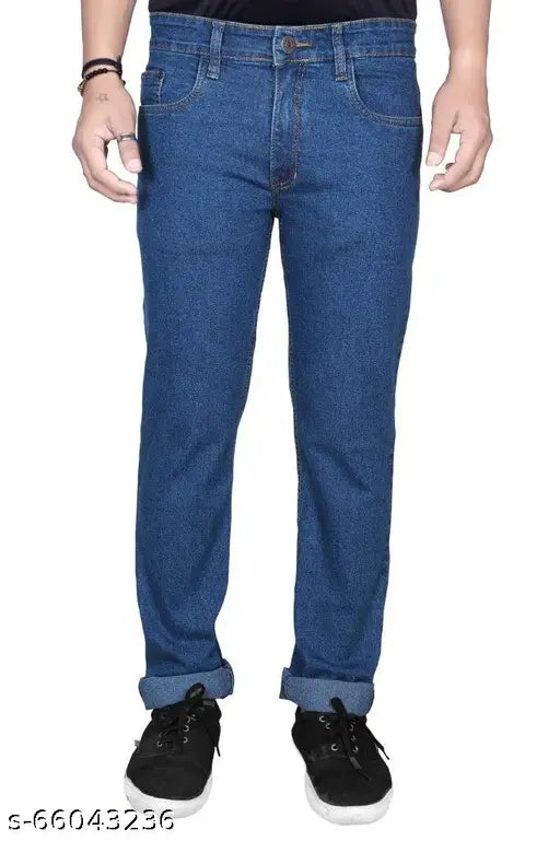 Just black mens straight navy blue jeans, cotton solid, men's regular fit stretchable jeans in Medblue sizes: 28, 30, 32, 34, 38. India-made men's denim wear on model