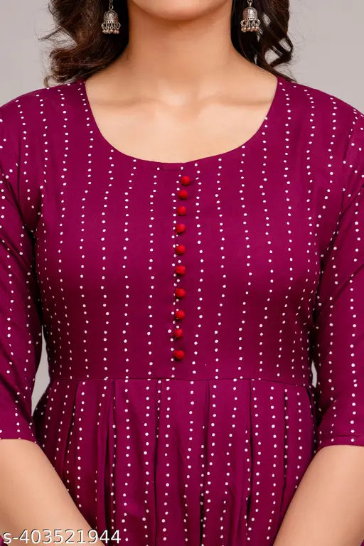 Rayon printed Anarkali kurta with three-quarter sleeves, a modern style for women's wardrobe. Indian-made, flared long kurti perfect for functions, events, and daily wear