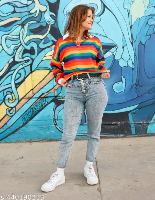Dark rainbow print Lycra women's full sleeve T-shirt, vibrant & versatile, perfect for casual outings or relaxed gatherings