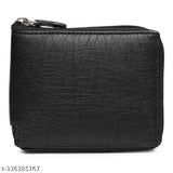 Black leather men's Fashion Link zipper wallet with box design, features 5 compartments for cards and money, textured finish