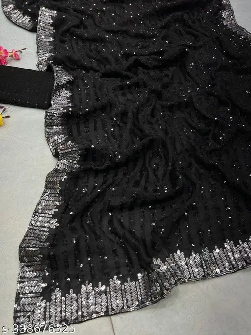 Black georgette saree with silver sequin detailing on the border and blouse