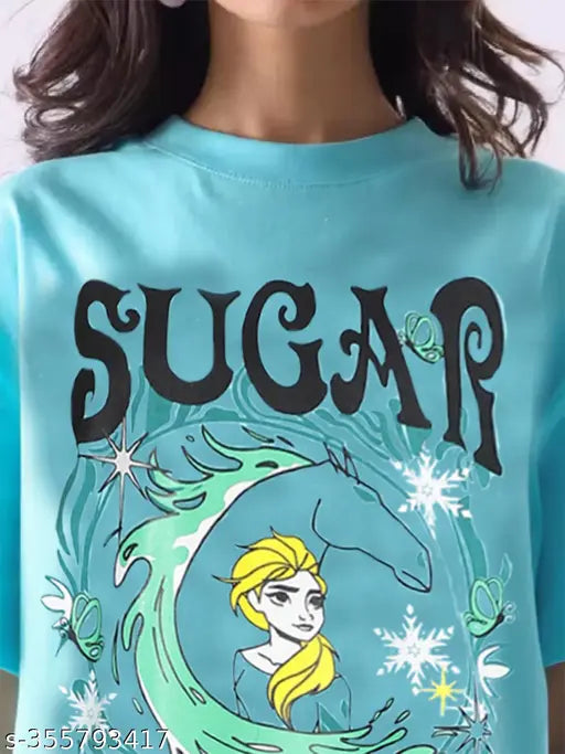 Large printed T-shirt with blue graphic design and white lettering