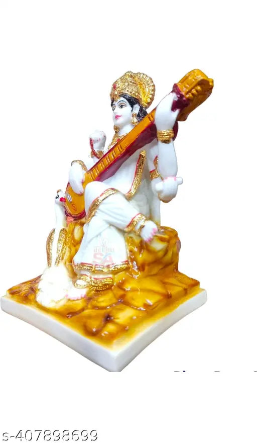 Marble Saraswati idol, intricately detailed, 4x6x3.5 inches, Indian artistry for home decor or showcase