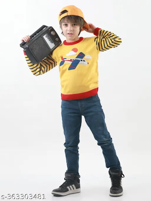 Yellow acrylic knit sweater for kids, regular fit with long sleeves and round neck in solid design, size options: 6-12 months, 12-18 months, 18-24 months. Made in India