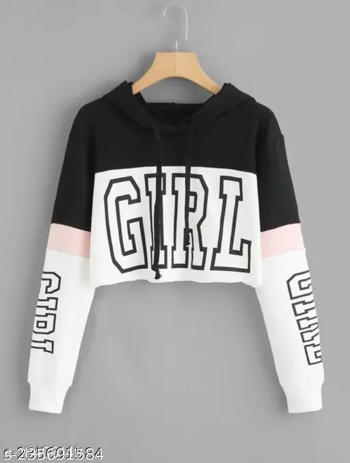 White and black color-block, long sleeve, printed cotton blend hoodie for women and girls party wear