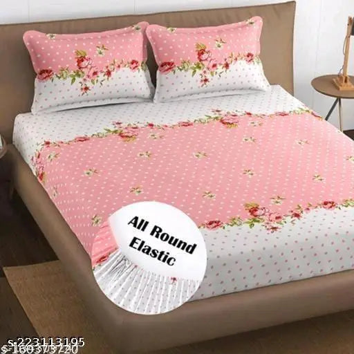White elastic double bedsheet, fitted for perfect fit with 2 pillow covers
