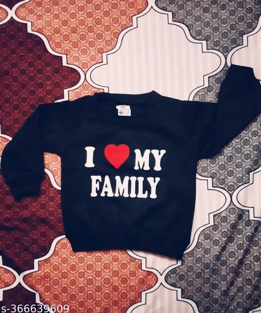 Black sweatshirt with 'I Love My Family' in white text, 100% cotton, kids' sizes