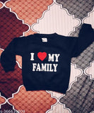 Black sweatshirt with 'I Love My Family' in white text, 100% cotton, kids' sizes