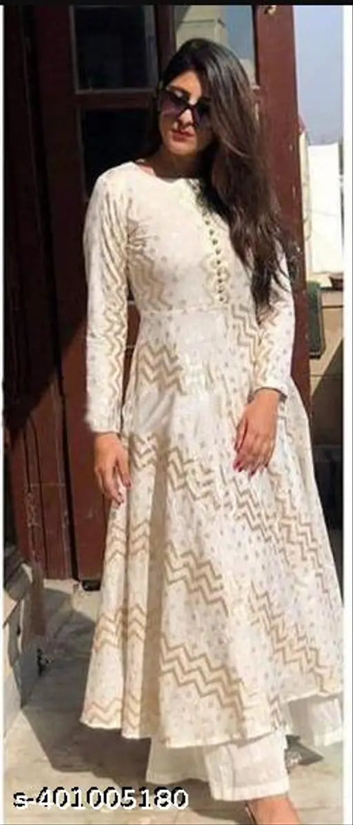 White printed rayon kurti palazzo set for women and girls, three-quarter sleeve style with intricate pattern on display
