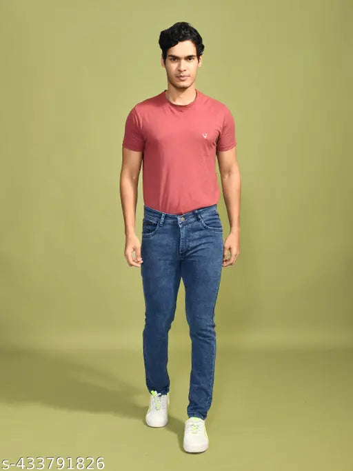 Regular slim men's denim solid, Indian-made jeans for a comfortable fit, size 28-42 waist, length and hip sizes provided