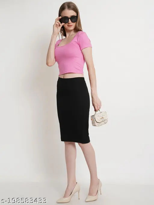 Solid black polyester pencil skirt for women, tailored to professional standards, with varying sizes (26, 28, 30, 32). Made in India