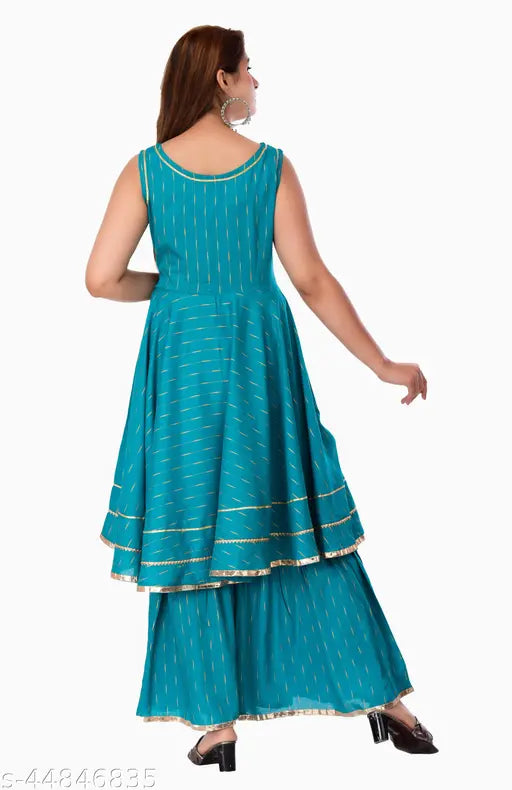 Women's rayon gold-printed flared blue kurta and sharara set with matching dupatta