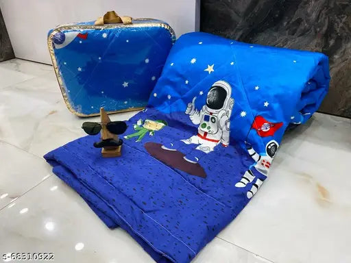 Cute cartoon print glace cotton kids comforter, ideal for mild winter. Designs available, size 60x90 inches." (117 characters)