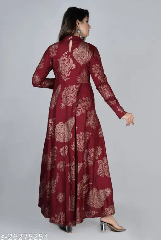 Gold printed cotton Anarkali flair kurta with long sleeves, Indian fashion on mannequin