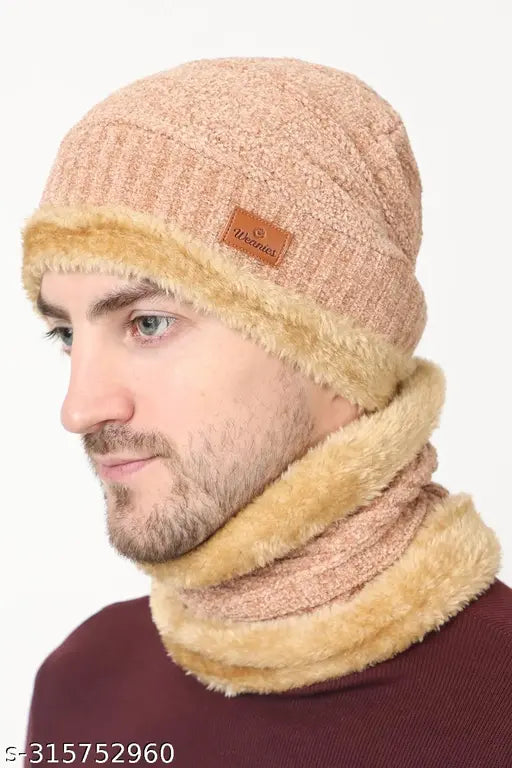 Wool winter knit scarf & skull cap set, self-design pattern, one size, Indian origin