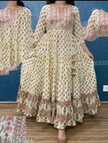 Floral print viscose rayon gown with full skirt and long sleeves