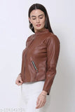 Solid leather rexine casual jacket for women, trendy and comfortable clothing piece on hanger