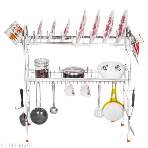 Stainless steel over sink 2 shelf dish drainer rack, space saving kitchen utensil drying organizer, 30" x 28", with 12 hooks and a hanging pot holder