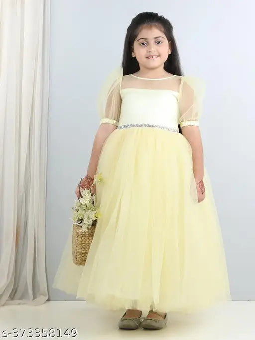 Lemon yellow net party dress for kids, full length with short sleeves, toy balloon print on display