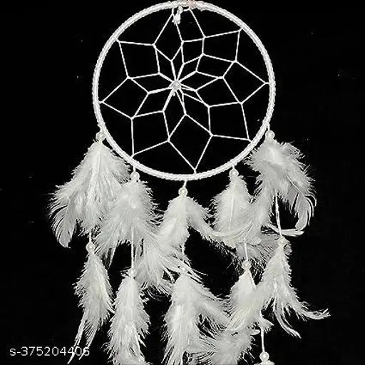 White handmade dream catcher, thread, feathers, beads for energy balancing at home or office (Height approx 30cm), ideal for gifting and room decor, Indian origin