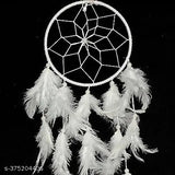 White handmade dream catcher, thread, feathers, beads for energy balancing at home or office (Height approx 30cm), ideal for gifting and room decor, Indian origin