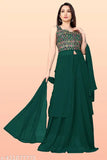 Green and blue embroidered designer kurta sets with matching dupattas