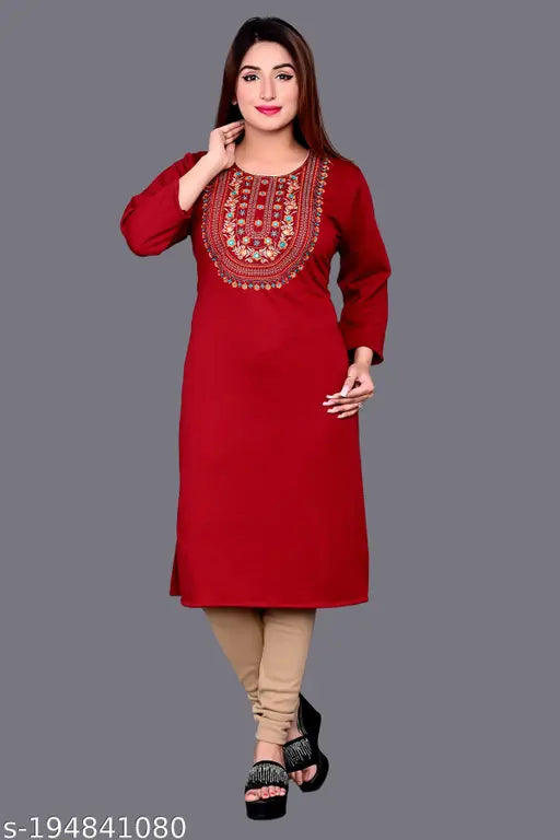 Red woolen kurti with maroon embroidered neckline and aari work details