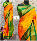Orange-green Radha Paithani Cotton Silk Saree with contrast blouse piece, art silk fabric and printed pattern