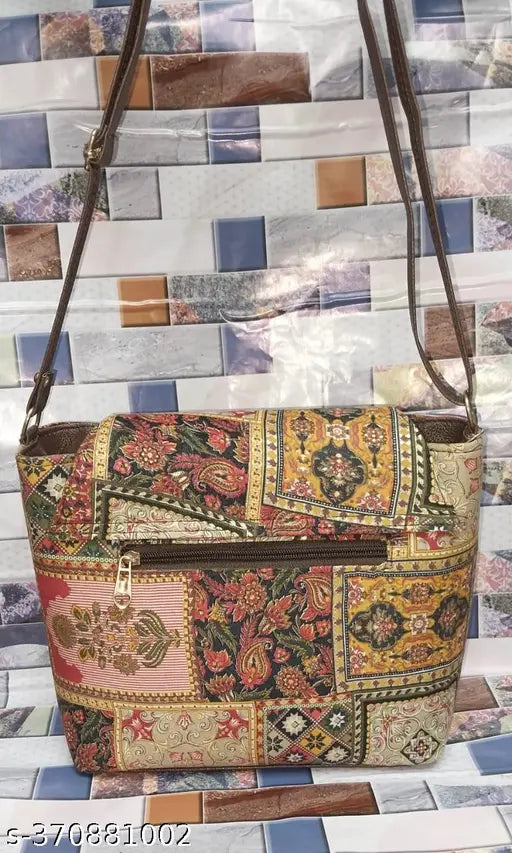 Elegant trendy floral print fabric bag, brown leather handle