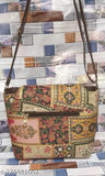 Elegant trendy floral print fabric bag, brown leather handle